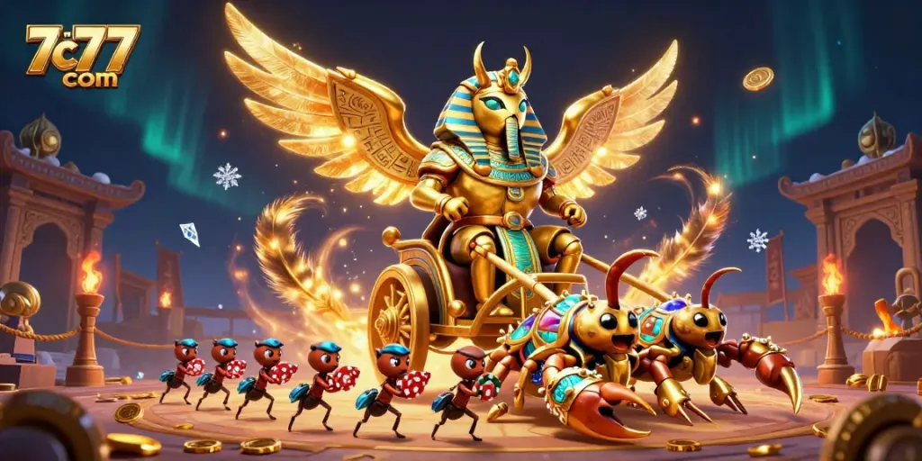 Experience thrilling gaming action with 7c77 com's lively illustrated casino scene.