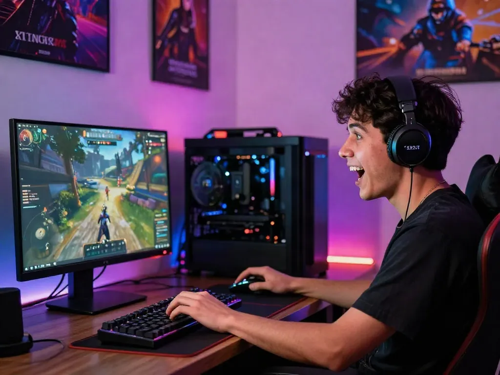 Excited player enjoying online gaming on a high-performance setup, showcasing kilat404 gaming experience.
