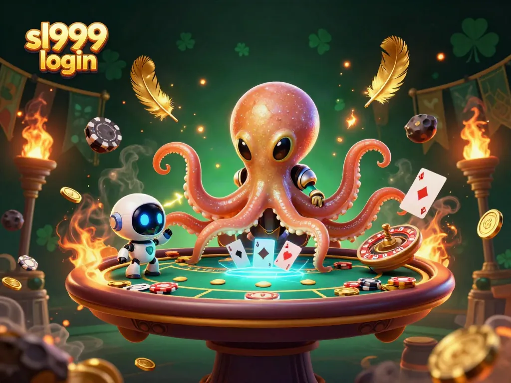 Engage in sl999 login with an alien octopus at a vibrant holographic poker table amidst a galaxy backdrop.