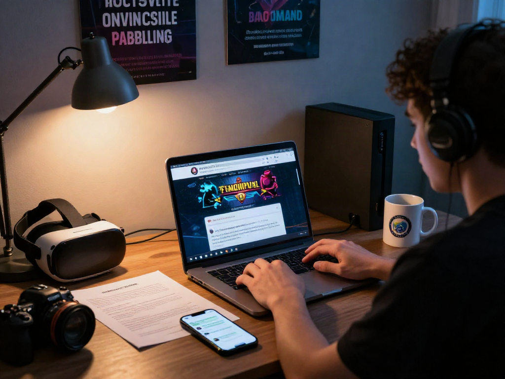 Safe online gambling practices showcased with 먹튀스팟 reviews and support chat in a modern home office.