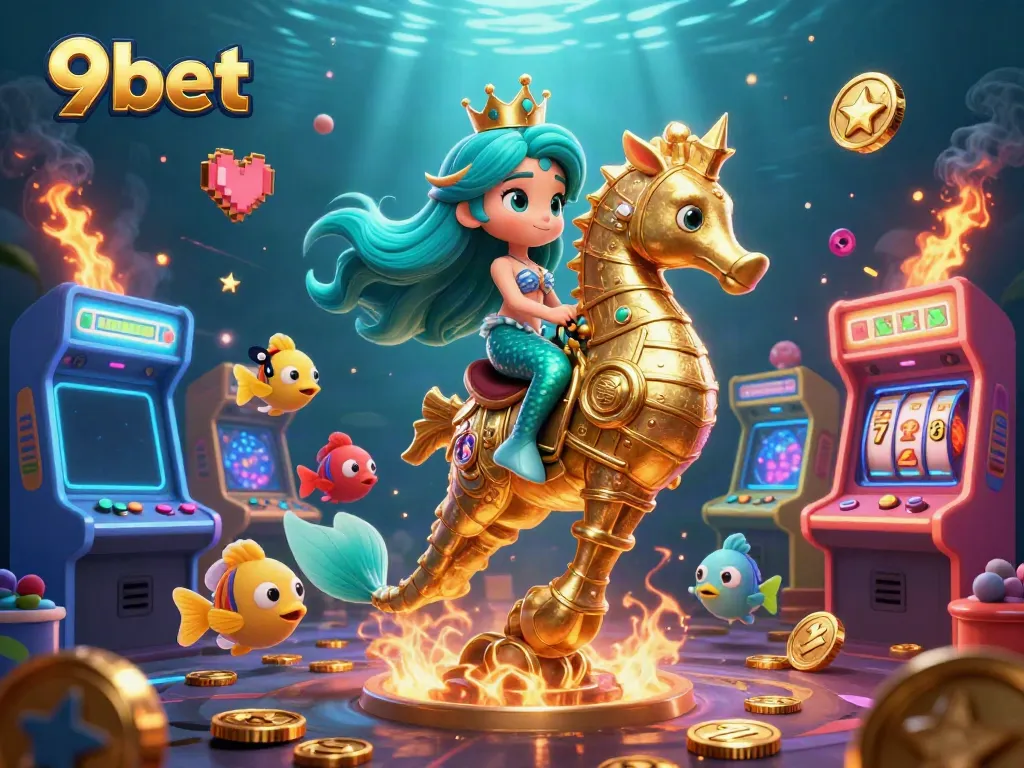 Experience the thrill of 9bet's vibrant, underwater casino adventure with a magical mermaid and seahorse.