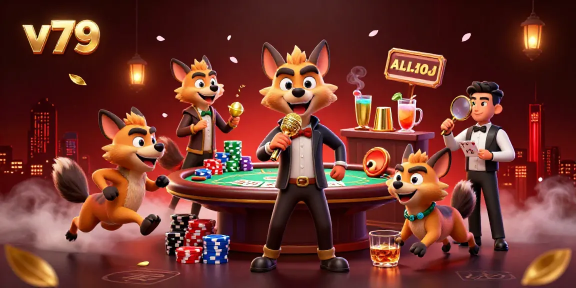 Experience the vibrant casino world at v79 with lively hyenas, poker elements, and atmospheric decor.