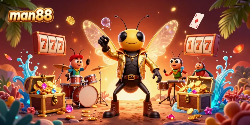 Experience gaming excitement with the man88 jackpot scene, featuring lively characters and colorful casino elements.