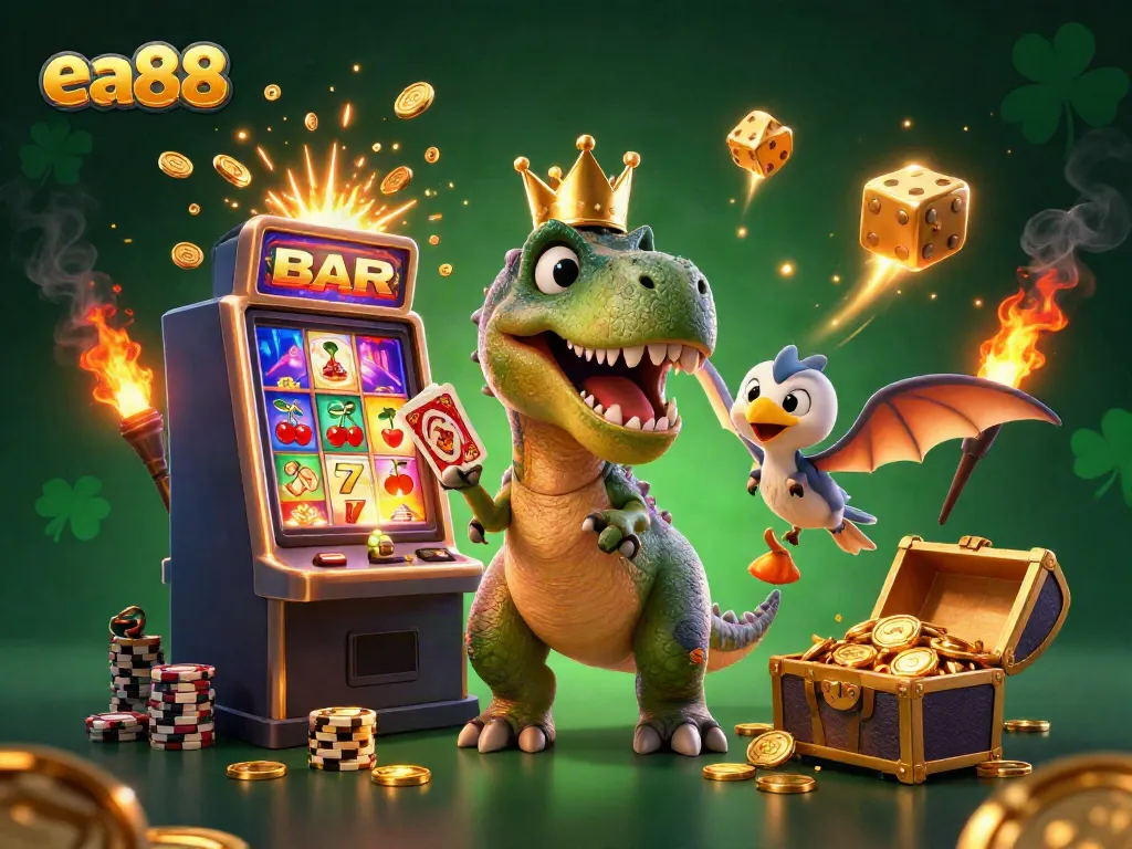 Experience thrilling gaming action with ea88's cartoon dinosaurs and vibrant casino elements.