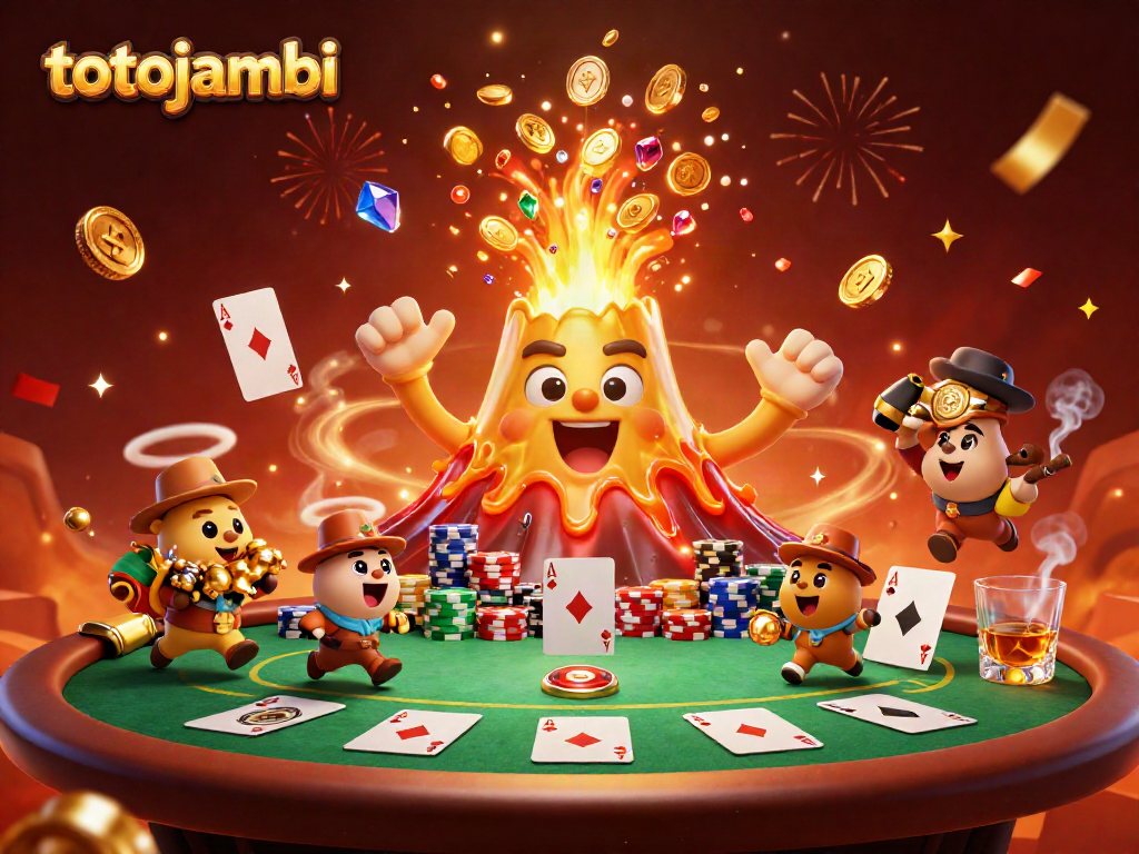 Experience the excitement of totojambi with a triumphant golden volcano showering treasure and poker elements.
